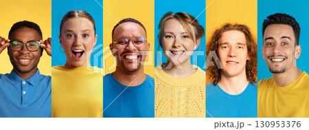 Multicolored collage with portraits of six people expressing diversity and joy 130953376