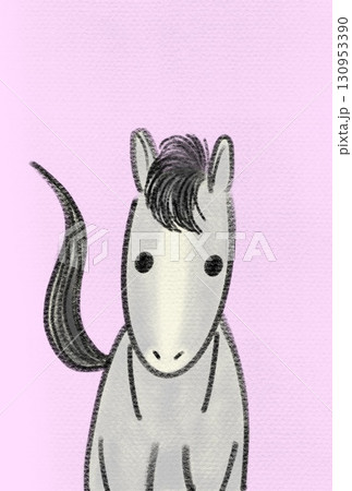 うまどし年賀状、シンプルな手書きイラスト、灰色の馬、鼻筋白 うまどし年賀状、シンプルな手書きイラスト、灰色の馬、鼻筋白 130953390