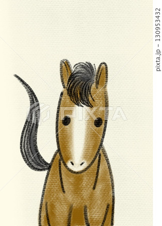 うまどし年賀状、シンプルな手書きイラスト、栗毛色の馬、鼻筋白 うまどし年賀状、シンプルな手書きイラスト、栗毛色の馬、鼻筋白 130953432