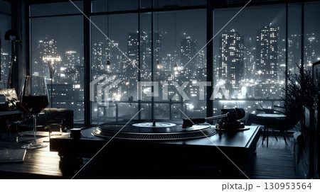 夜景を眺めるターンテーブルとワインのラウンジ 130953564