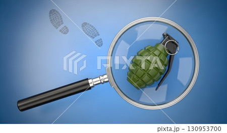 Grenade being examined with a magnifying glass, implying a search for clues. 130953700