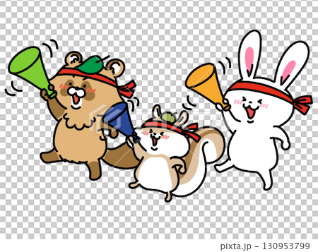Rabbit Tanuki cheering on the Christ Trio with a megaphone 130953799
