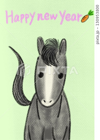 うまどし年賀状、シンプルな手書きイラスト、黒毛馬、手描き文字 うまどし年賀状、シンプルな手書きイラスト、黒毛馬、手描き文字 130953800