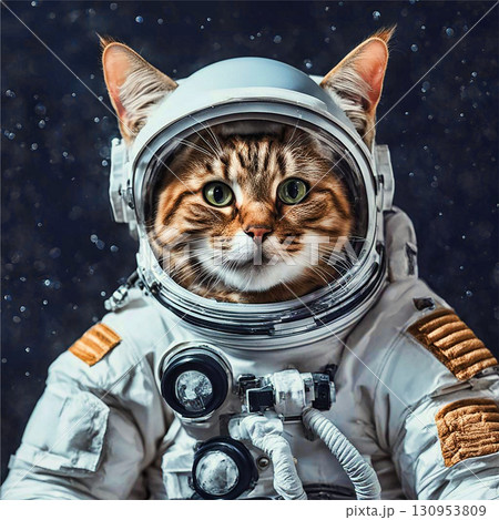 Amusing feline astronaut exploring outer space. Against the background of a starry sky.  AI generation. 130953809