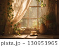柔らかな朝の日差しが差し込むナチュラルテイストの室内で、観葉植物と陶器に囲まれた穏やかなティータイム 130953965