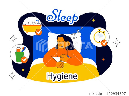 Sleep Hygiene Illustration Featuring a Young Person Sleeping in Bed with a Comfortable Mattress, Regular Sleep Schedule, and Daily Bedtime Routine Sleep Hygiene Illustration Featuring a Young Person Sleeping in Bed with a Comfortable Mattress, Regular Sleep Schedule, and Daily Bedtime Routine 130954297