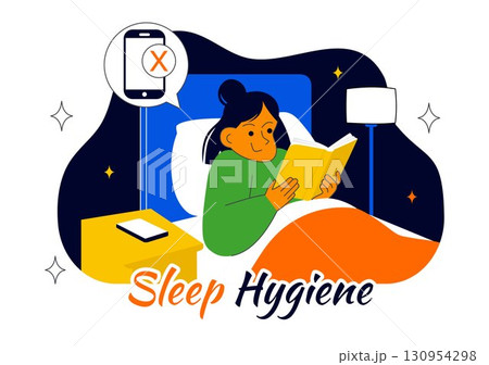 Sleep Hygiene Illustration Featuring a Young Person Sleeping in Bed with a Comfortable Mattress, Regular Sleep Schedule, and Daily Bedtime Routine Sleep Hygiene Illustration Featuring a Young Person Sleeping in Bed with a Comfortable Mattress, Regular Sleep Schedule, and Daily Bedtime Routine 130954298