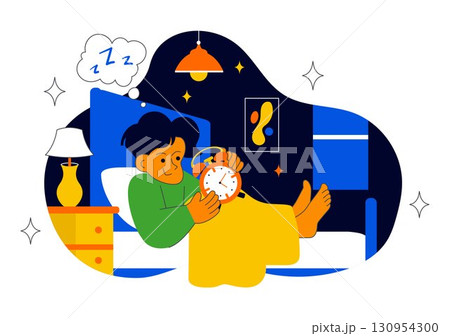 Sleep Hygiene Illustration Featuring a Young Person Sleeping in Bed with a Comfortable Mattress, Regular Sleep Schedule, and Daily Bedtime Routine 130954300
