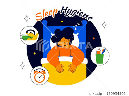 Sleep Hygiene Illustration Featuring a Young Person Sleeping in Bed with a Comfortable Mattress, Regular Sleep Schedule, and Daily Bedtime Routine Sleep Hygiene Illustration Featuring a Young Person Sleeping in Bed with a Comfortable Mattress, Regular Sleep Schedule, and Daily Bedtime Routine 130954301