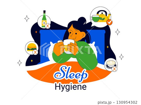 Sleep Hygiene Illustration Featuring a Young Person Sleeping in Bed with a Comfortable Mattress, Regular Sleep Schedule, and Daily Bedtime Routine 130954302