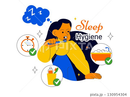 Sleep Hygiene Illustration Featuring a Young Person Sleeping in Bed with a Comfortable Mattress, Regular Sleep Schedule, and Daily Bedtime Routine 130954304
