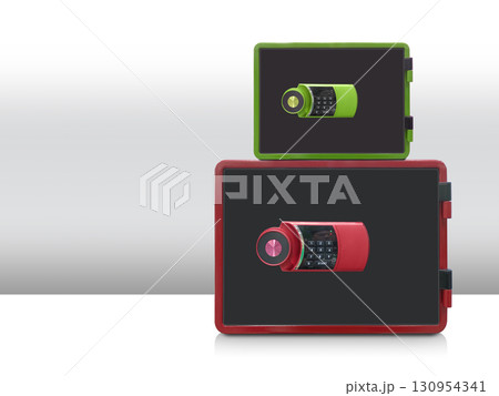 front view smaii green and black steel rectangular safety deposit box on large red and black steel rectangular safety deposit box on white floor, grey wall background, money, safety, object, decor, 130954341