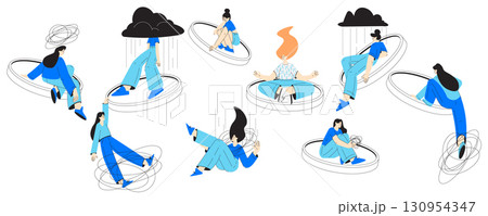 Mental Health with Woman Character with Psychological Disorder Vector Set 130954347