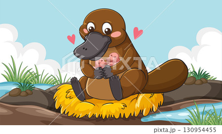 Mother Platypus Cuddling Babies on Riverbank Nest 130954455