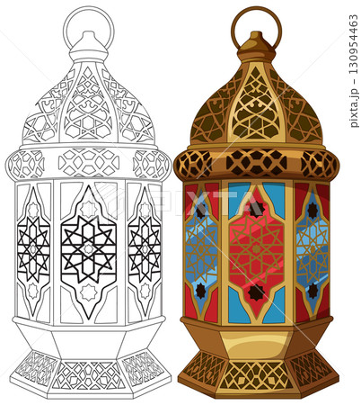 Traditional Middle Eastern Lantern Vector Illustration with Outline 130954463