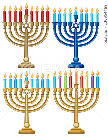 Colorful Hanukkah Menorahs with Lit Candles Vector Set Colorful Hanukkah Menorahs with Lit Candles Vector Set 130954468