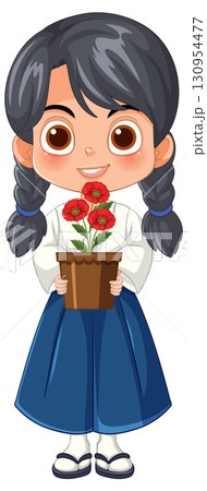 Smiling Girl With Braids Holding Potted Red Flowers Smiling Girl With Braids Holding Potted Red Flowers 130954477