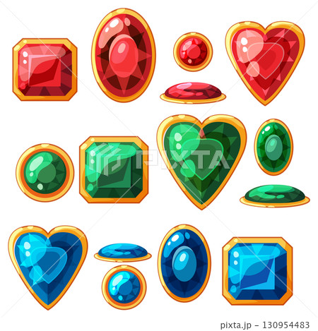 Colorful Gemstone Icons with Gold Borders in Vector Style 130954483