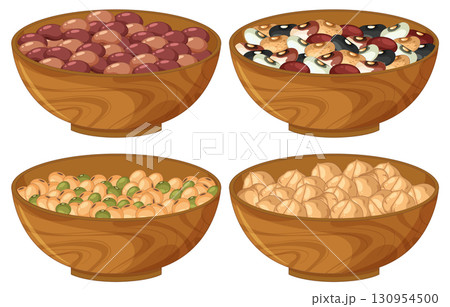 Assorted Beans and Legumes in Wooden Bowls Vector 130954500