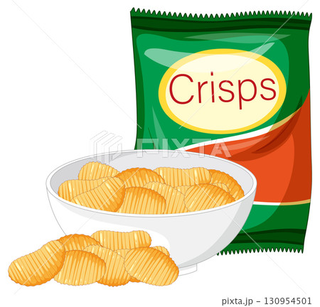 Potato Crisps in Bowl with Green Snack Bag 130954501