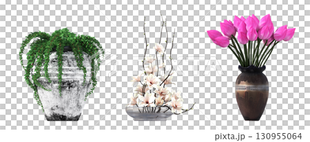 decorative flower in a pot isolate on a transparent background, 3D illustration, cg render 130955064