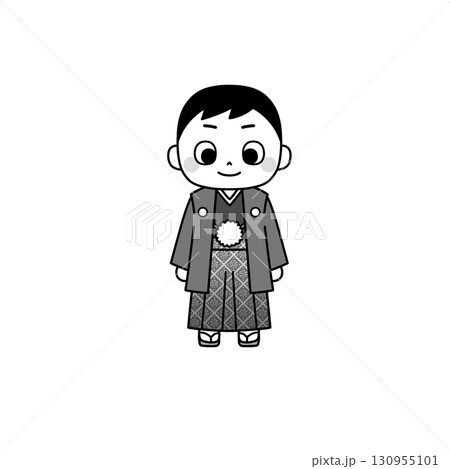 七五三や正月に使える羽織袴の少年イラスト（モノクロ） 130955101