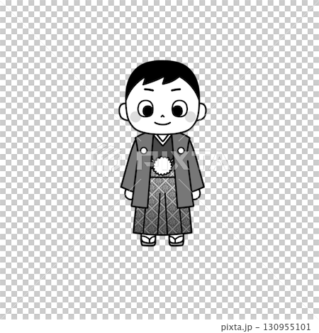 七五三や正月に使える羽織袴の少年イラスト（モノクロ） 130955101