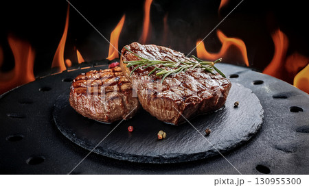 Grilled beef steaks with rosemary, salt, and pepper on wooden board. Juicy barbecue meat with spices. Delicious cooked beef fillet on dark rustic background. 130955300