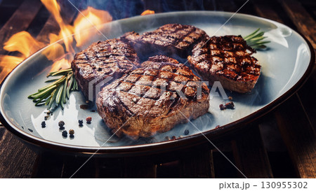 Grilled beef steaks with rosemary, salt, and pepper on wooden board. Juicy barbecue meat with spices. Delicious cooked beef fillet on dark rustic background. 130955302