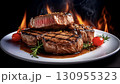 Grilled beef steaks with rosemary, salt, and pepper on wooden board. Juicy barbecue meat with spices. Delicious cooked beef fillet on dark rustic background. 130955323