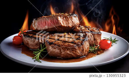 Grilled beef steaks with rosemary, salt, and pepper on wooden board. Juicy barbecue meat with spices. Delicious cooked beef fillet on dark rustic background. 130955323