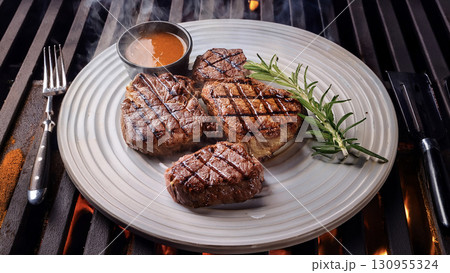 Grilled beef steaks with rosemary, salt, and pepper on wooden board. Juicy barbecue meat with spices. Delicious cooked beef fillet on dark rustic background. 130955324