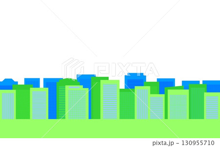 都市風景　街並み　ビル　白背景　グリーン　ブルー 130955710