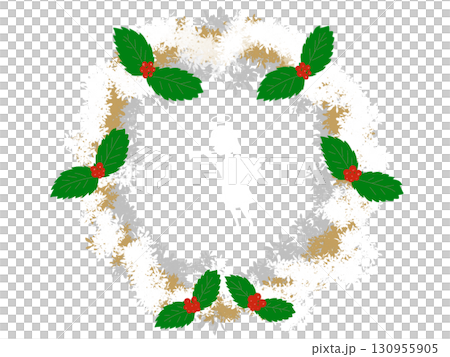 Christmas wreath with silhouette of little angel playing flute, snow, holly, red berries 130955905