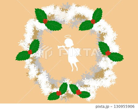 小さな天使が笛を吹くシルエットのクリスマスリース、雪、柊、赤実 小さな天使が笛を吹くシルエットのクリスマスリース、雪、柊、赤実 130955906