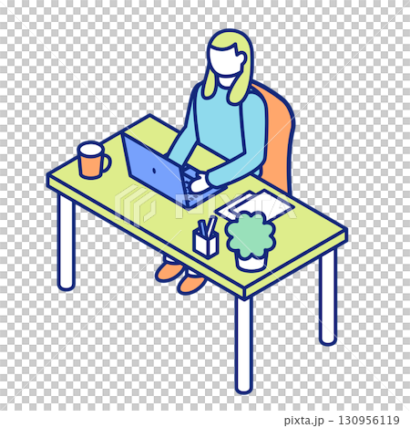 Isometric illustration of a woman working at a desk in a relaxed atmosphere. Working at a desk with a laptop Isometric illustration of a woman working at a desk in a relaxed atmosphere. Working at a desk with a laptop 130956119