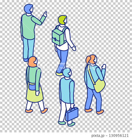 アイソメトリックの人物イラストセット。一歩方向に向かって歩く後ろ姿の集団。 130956121