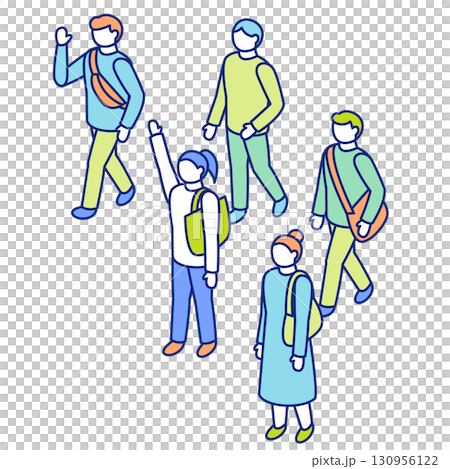 Isometric people illustration set. Group of people walking in one direction. 130956122