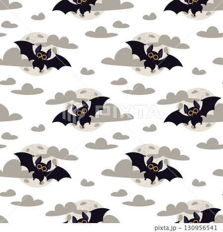 Seamless Pattern with Cute Bats, Moon and Clouds on Midnight Blue Background. Halloween Repeat Background for Textile, Packaging, Wallpaper, Web Design and Festive Decor Seamless Pattern with Cute Bats, Moon and Clouds on Midnight Blue Background. Halloween Repeat Background for Textile, Packaging, Wallpaper, Web Design and Festive Decor 130956541