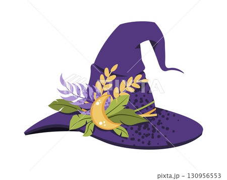 Witch Hat with Botanical Leaves Flat Vector Illustration Isolated on White. Magic Ritual Item for Halloween Stickers, Party Decor, Spell Book Designs, and Mystic Branding. Traditional witch clothing 130956553