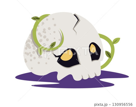 Human Skull with Plant Vines Flat Vector Illustration Isolated on White. Witchcraft Ritual Item for Halloween, Spellcasting, and Mystic Decor. Gothic Nature Theme for Occult Art, Stickers, Cards 130956556