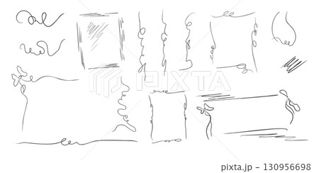 Frames scribbles vector hand drawn set. Coquette bows and square quirky sketch borders with strokes, swirls and corner elements. Irregular lines and doodles for packaging, labels and craft projects. Frames scribbles vector hand drawn set. Coquette bows and square quirky sketch borders with strokes, swirls and corner elements. Irregular lines and doodles for packaging, labels and craft projects. 130956698