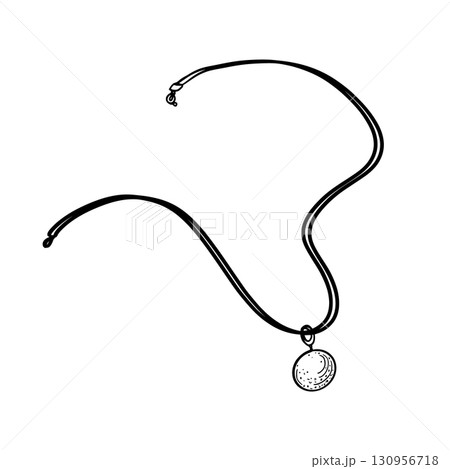Gold chain with circular pendant black white vector illustration. Necklace with minimalist geometric charm outline hand drawn. Chain line art for jewelry branding, packaging and fashion design. 130956718