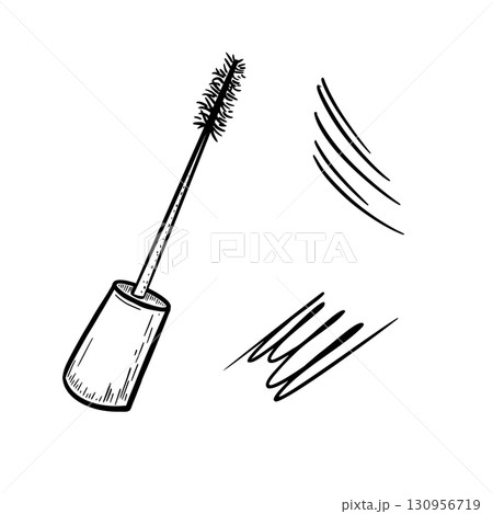 Mascara brush and strokes black white vector illustration. Hand drawn eyelash effect with ink like smears. Minimalist sketch line art for beauty branding, cosmetic advertising and salon packaging. 130956719