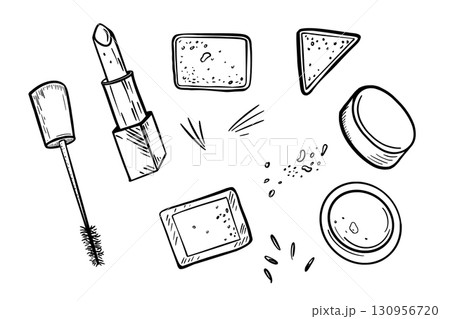 Cosmetics set black white vector illustration. mascara brush, lipstick, eyeshadow and powder splashes sketch hand drawn. Minimalist line art for beauty branding, cosmetic packaging and salon. 130956720
