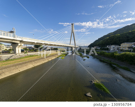朝日に照らされた阪神高速道路の新猪名川大橋 130956784