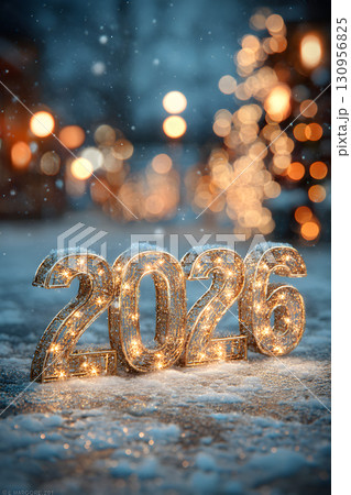 2026年の光り輝くイルミネーション数字。新年・年賀・カウントダウン用背景デザイン 130956825