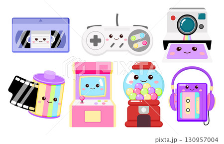 Kawaii retro 90s gadget collection, VHS Tape, game controller, polaroid camera, arcade game, cassette tape, film roll Kawaii retro 90s gadget collection, VHS Tape, game controller, polaroid camera, arcade game, cassette tape, film roll 130957004