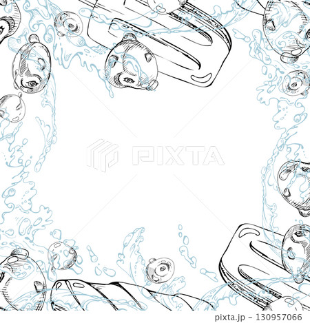 Cherry fruit juice popsicle, frozen berry water drops splash. graphic square border frame illustration hand drawn in vector ink. Cafe branding, dessert label, summer snack art, street vendor display 130957066