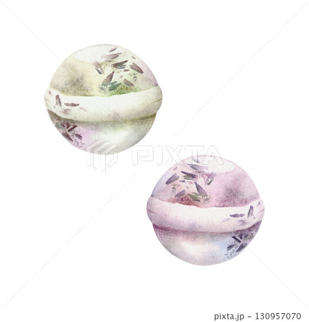 Lavender lavandula heather bath bombs with infused dried flower petals, hand drawn in watercolor. Herbal natural cosmetics, spa remedy treatment, aromatherapy. Single object isolated illustration. Lavender lavandula heather bath bombs with infused dried flower petals, hand drawn in watercolor. Herbal natural cosmetics, spa remedy treatment, aromatherapy. Single object isolated illustration. 130957070